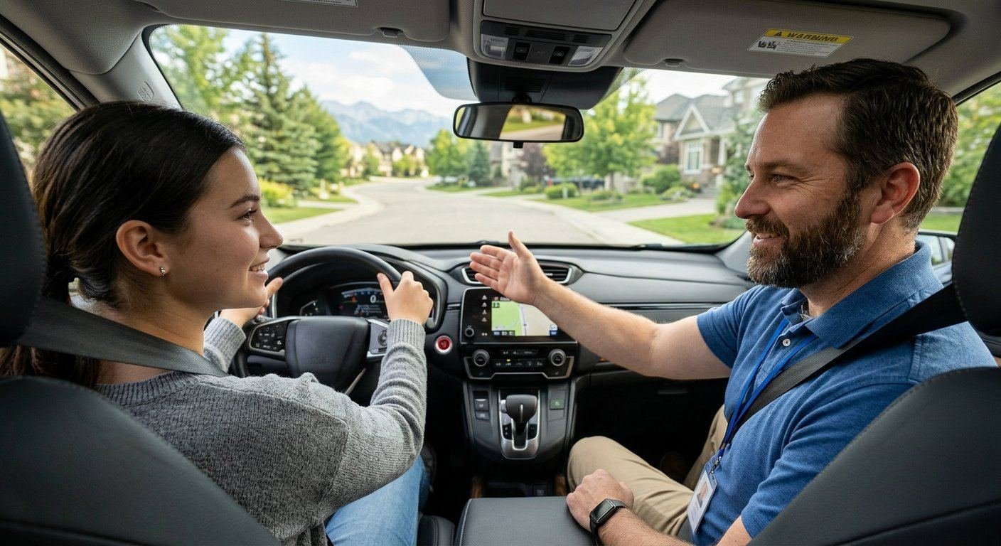 A Sierra instructor coaching a student driver during a behind-the-wheel lesson