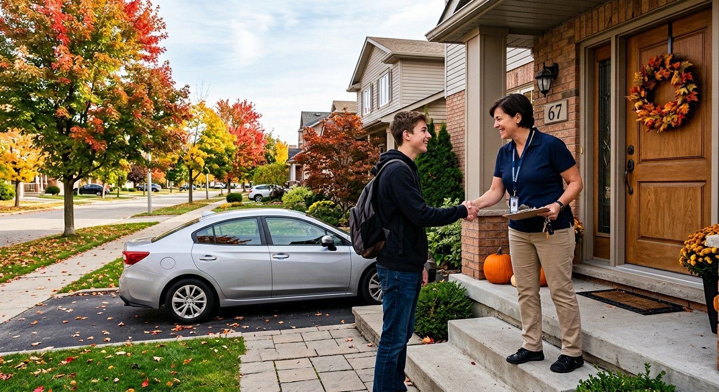 Sierra instructor greeting a student at home for pick-up